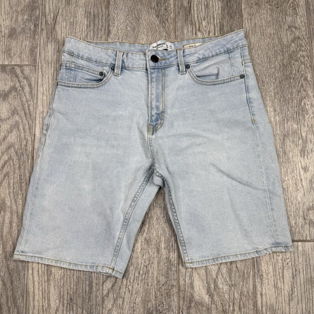 Pull & Bear Denim Jean Shorts Jorts Light Wash Blue Skater Mens Size 34 Slim Fit